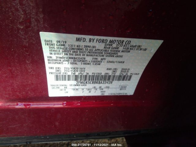 Photo 8 VIN: 2FMGK5C88KBA33428 - FORD FLEX 