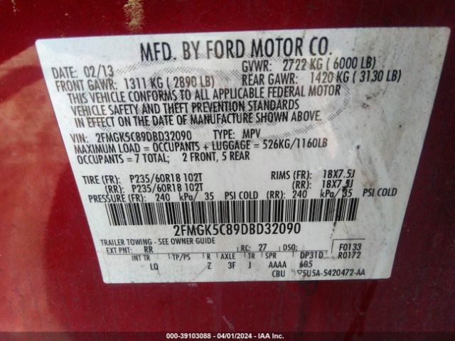 Photo 8 VIN: 2FMGK5C89DBD32090 - FORD FLEX 