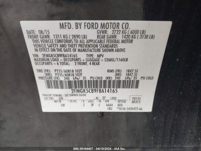 Photo 8 VIN: 2FMGK5C89FBA14165 - FORD FLEX 