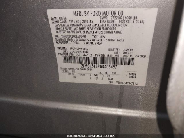 Photo 8 VIN: 2FMGK5C89GBA05497 - FORD FLEX 