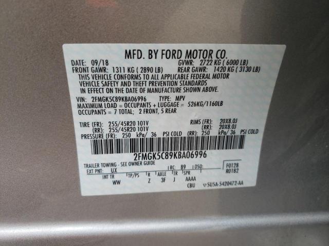 Photo 9 VIN: 2FMGK5C89KBA06996 - FORD FLEX SEL 