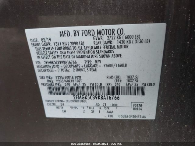 Photo 8 VIN: 2FMGK5C89KBA16766 - FORD FLEX 