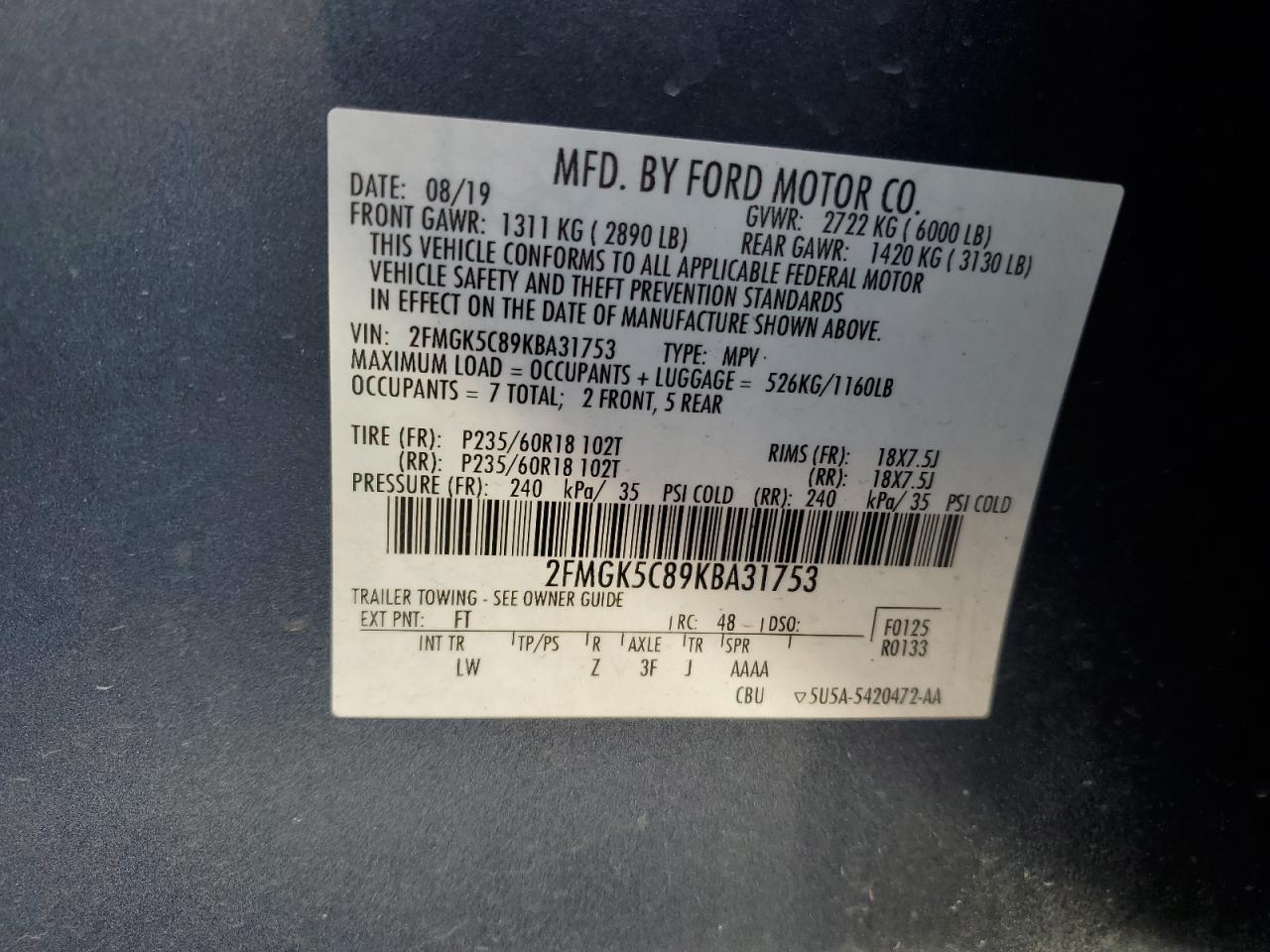 Photo 12 VIN: 2FMGK5C89KBA31753 - FORD FLEX 