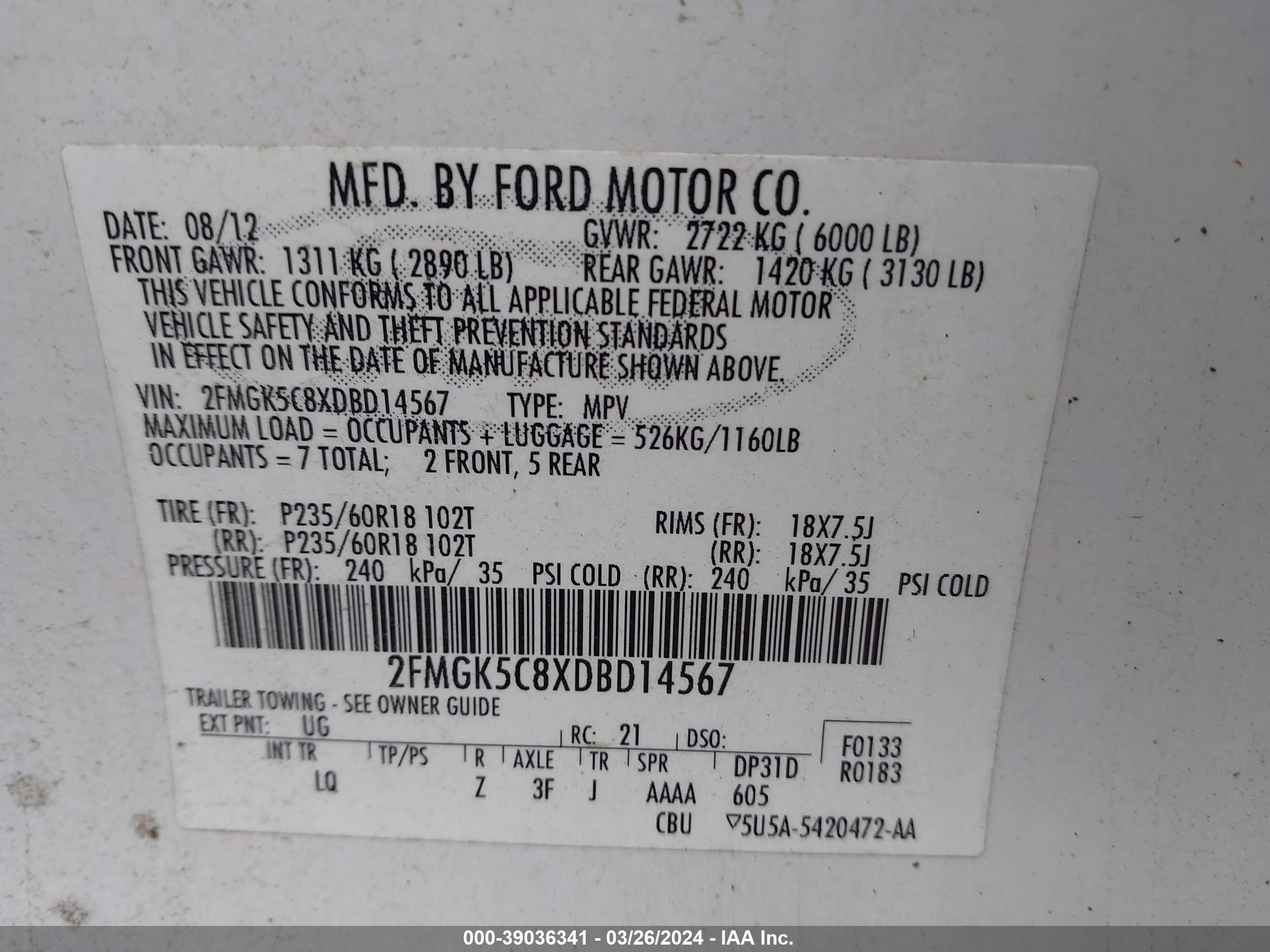 Photo 8 VIN: 2FMGK5C8XDBD14567 - FORD FLEX 