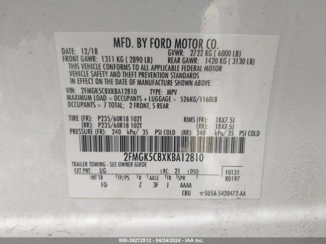 Photo 8 VIN: 2FMGK5C8XKBA12810 - FORD FLEX 