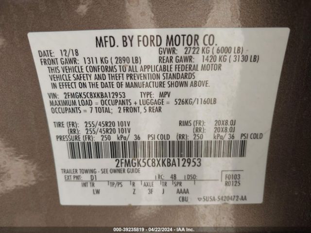 Photo 8 VIN: 2FMGK5C8XKBA12953 - FORD FLEX 