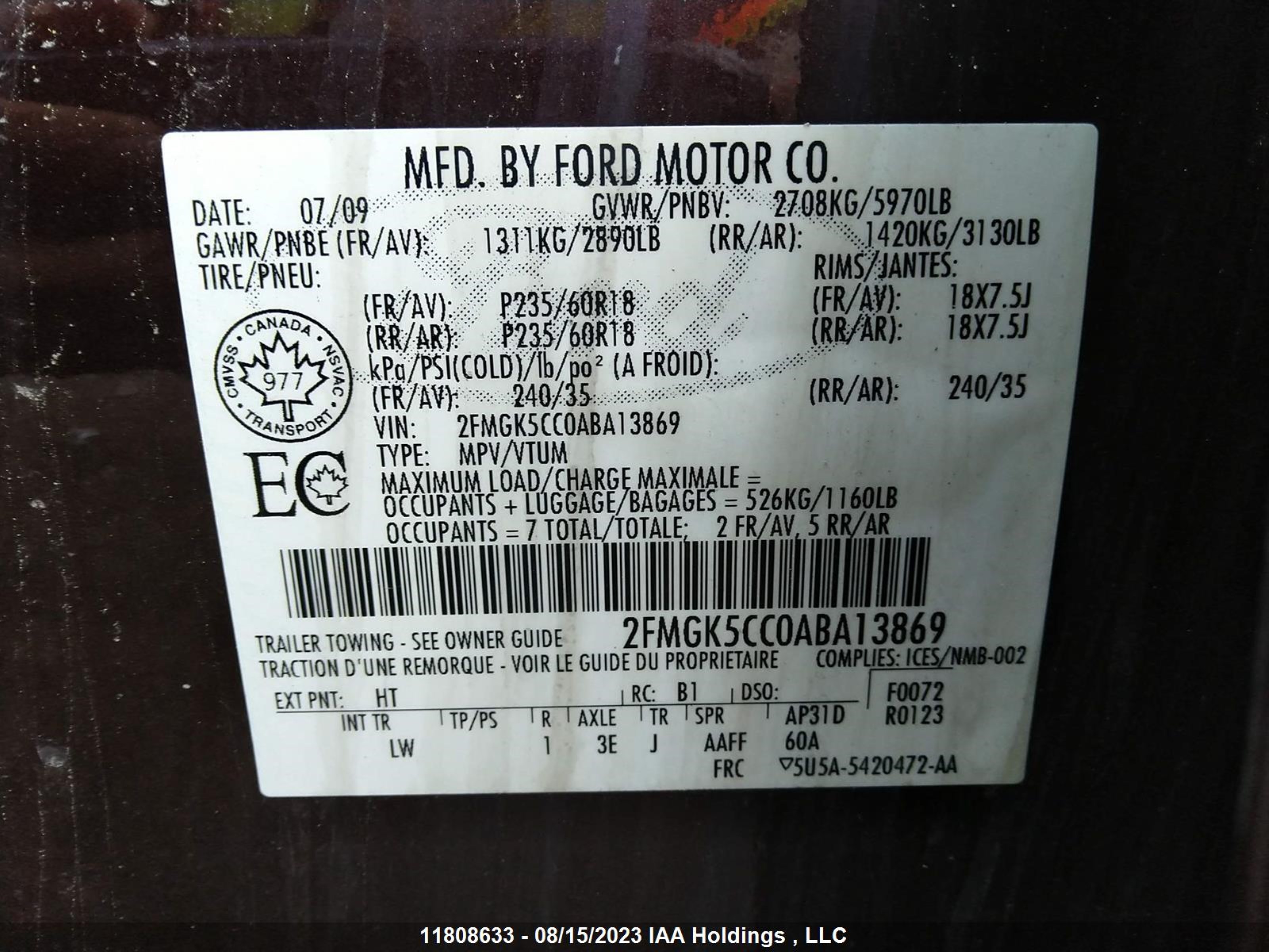 Photo 8 VIN: 2FMGK5CC0ABA13869 - FORD FLEX 