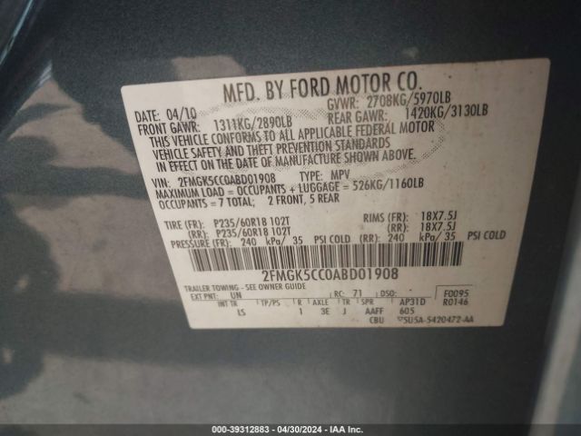 Photo 8 VIN: 2FMGK5CC0ABD01908 - FORD FLEX 