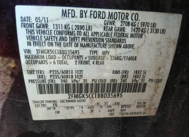 Photo 8 VIN: 2FMGK5CC1BBD35695 - FORD FLEX 