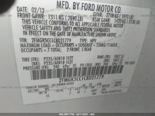 Photo 8 VIN: 2FMGK5CC1CBD21779 - FORD FLEX 