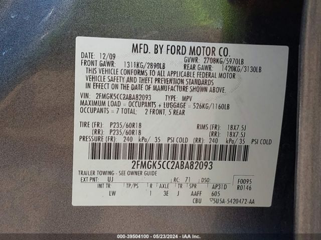 Photo 8 VIN: 2FMGK5CC2ABA82093 - FORD FLEX 