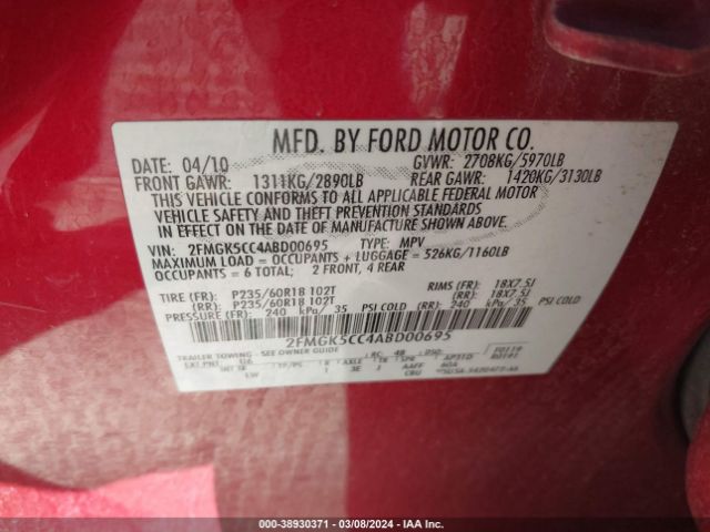 Photo 8 VIN: 2FMGK5CC4ABD00695 - FORD FLEX 