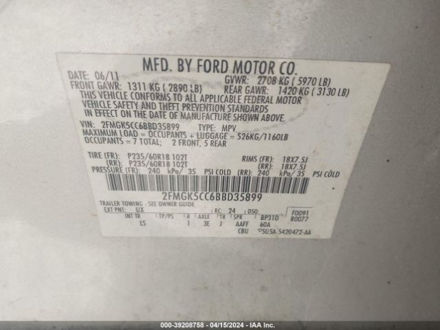 Photo 8 VIN: 2FMGK5CC6BBD35899 - FORD FLEX 