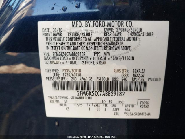 Photo 8 VIN: 2FMGK5CC7ABB29182 - FORD FLEX 