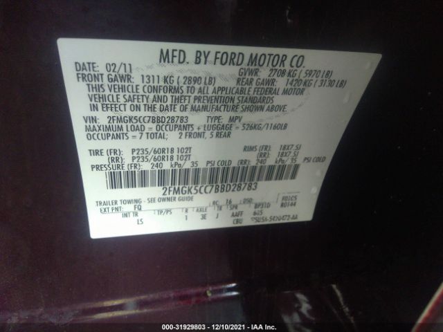 Photo 8 VIN: 2FMGK5CC7BBD28783 - FORD FLEX 