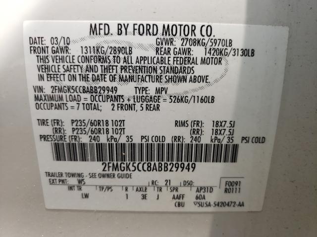 Photo 9 VIN: 2FMGK5CC8ABB29949 - FORD FLEX SEL 