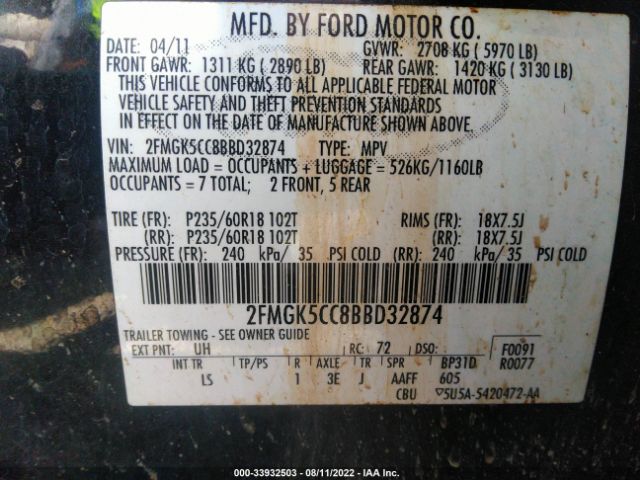 Photo 8 VIN: 2FMGK5CC8BBD32874 - FORD FLEX 