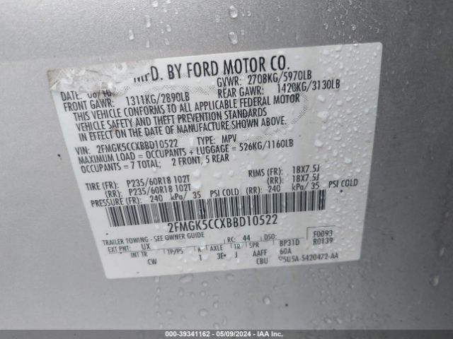 Photo 8 VIN: 2FMGK5CCXBBD10522 - FORD FLEX 