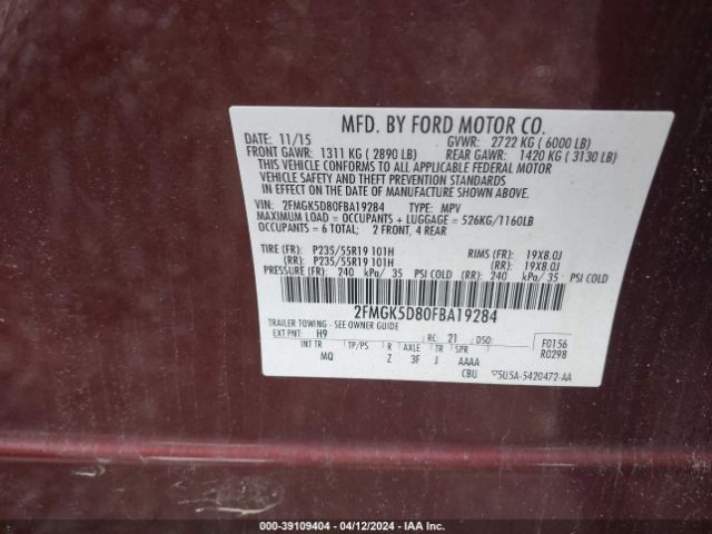 Photo 8 VIN: 2FMGK5D80FBA19284 - FORD FLEX 