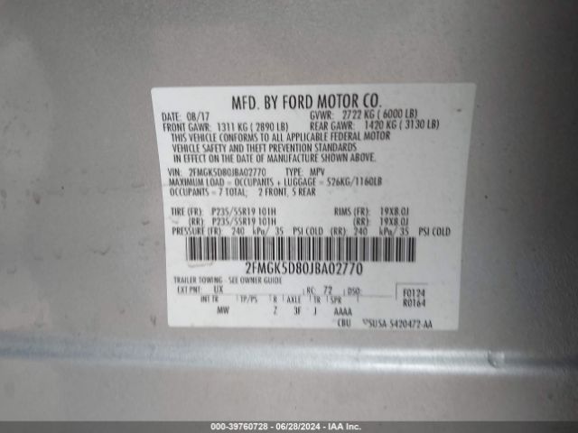 Photo 8 VIN: 2FMGK5D80JBA02770 - FORD FLEX 