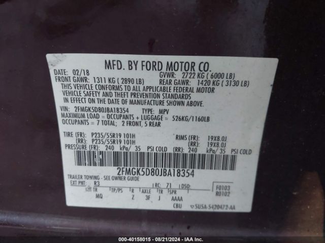 Photo 8 VIN: 2FMGK5D80JBA18354 - FORD FLEX 