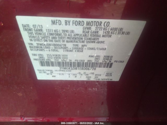 Photo 8 VIN: 2FMGK5D81EBD06728 - FORD FLEX 