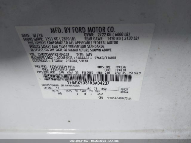 Photo 8 VIN: 2FMGK5D81KBA04237 - FORD FLEX 