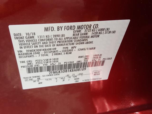 Photo 9 VIN: 2FMGK5D81KBA08109 - FORD FLEX LIMIT 