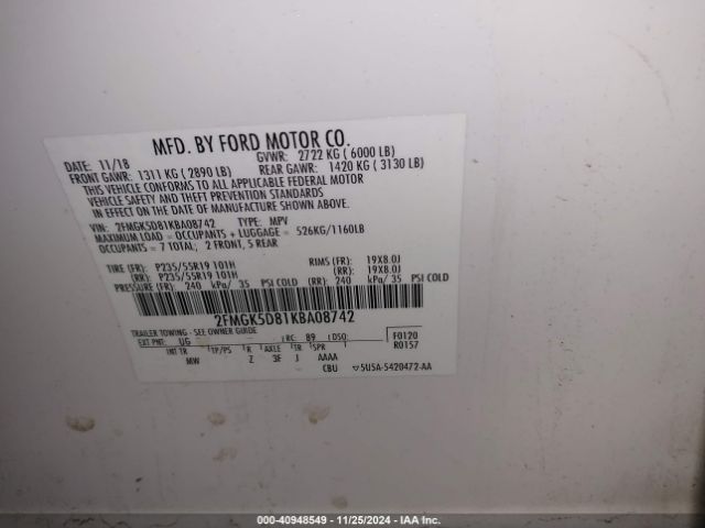 Photo 8 VIN: 2FMGK5D81KBA08742 - FORD FLEX 