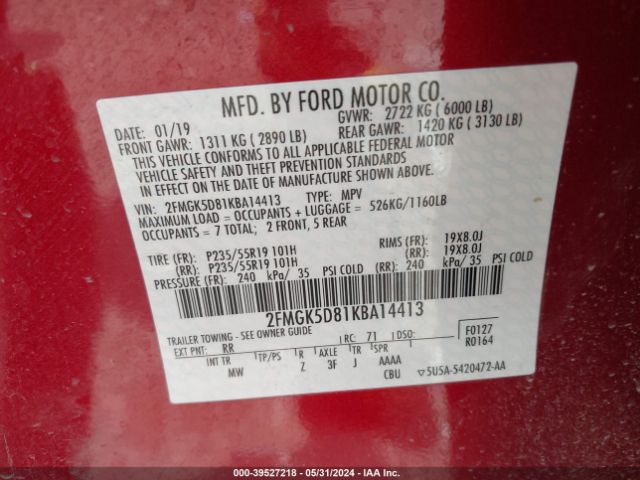 Photo 8 VIN: 2FMGK5D81KBA14413 - FORD FLEX 