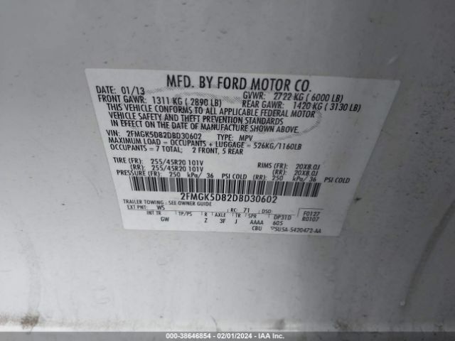 Photo 8 VIN: 2FMGK5D82DBD30602 - FORD FLEX 