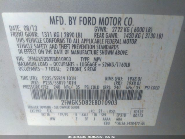 Photo 8 VIN: 2FMGK5D82EBD10903 - FORD FLEX 