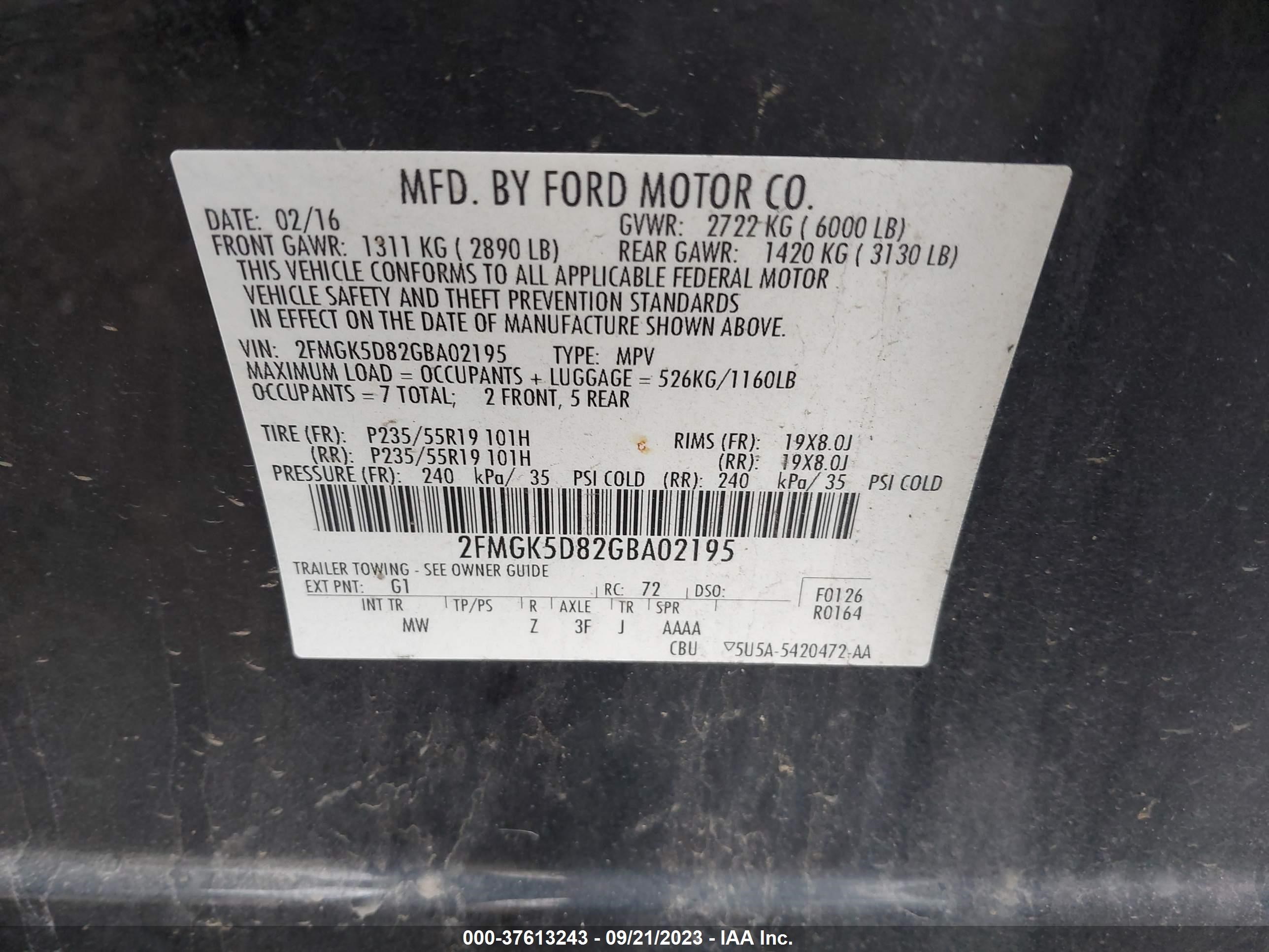 Photo 8 VIN: 2FMGK5D82GBA02195 - FORD FLEX 