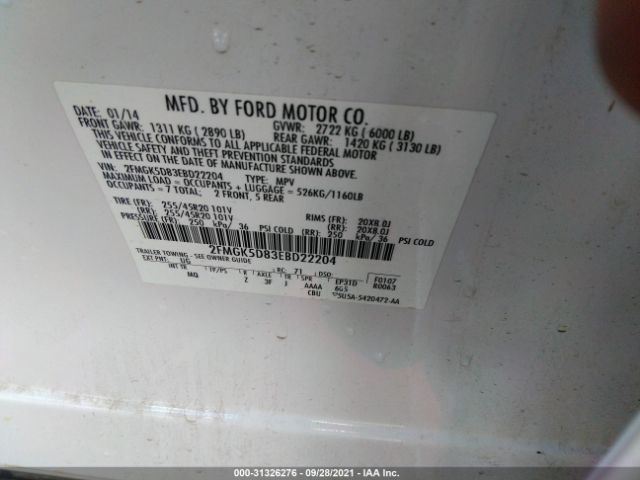 Photo 8 VIN: 2FMGK5D83EBD22204 - FORD FLEX 