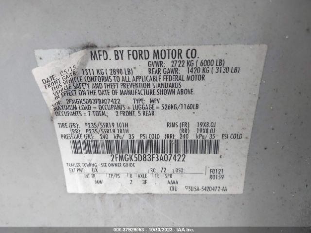 Photo 8 VIN: 2FMGK5D83FBA07422 - FORD FLEX 