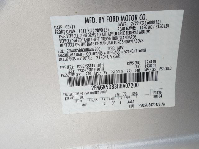 Photo 9 VIN: 2FMGK5D83HBA07200 - FORD FLEX LIMIT 