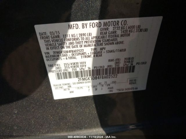 Photo 8 VIN: 2FMGK5D84FBA02522 - FORD FLEX 