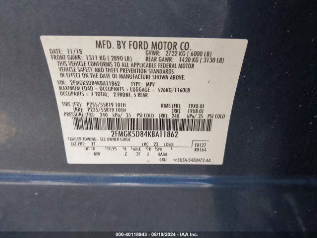 Photo 8 VIN: 2FMGK5D84KBA11862 - FORD FLEX 