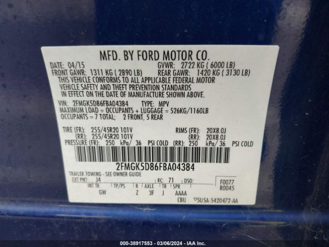 Photo 8 VIN: 2FMGK5D86FBA04384 - FORD FLEX 