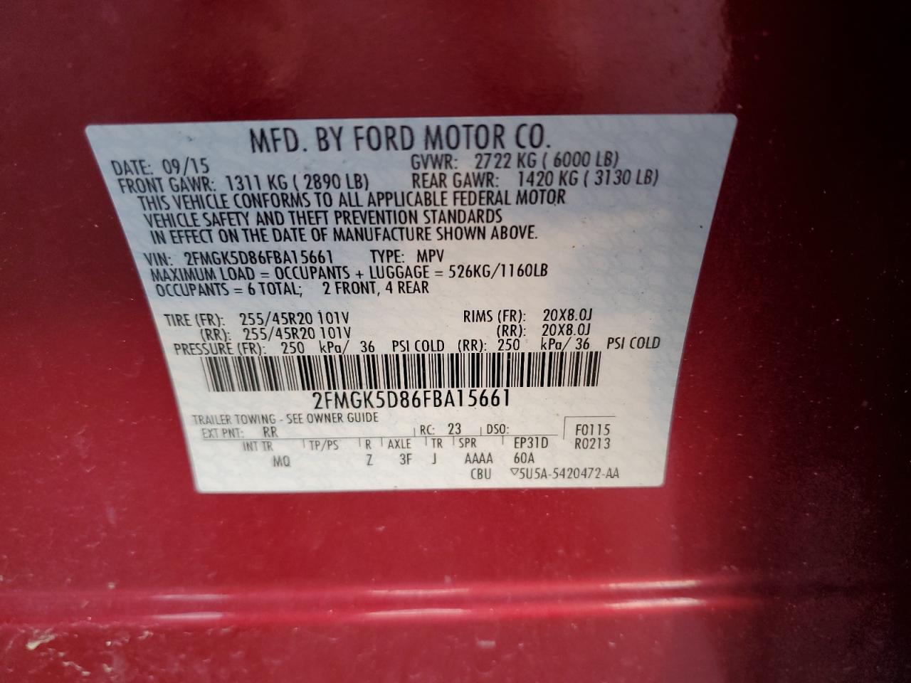 Photo 12 VIN: 2FMGK5D86FBA15661 - FORD FLEX 