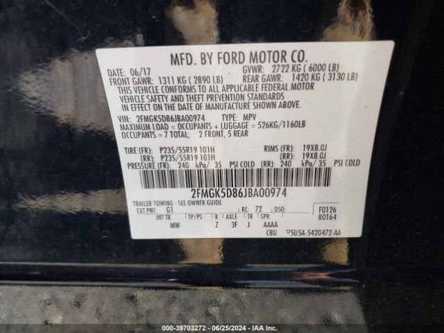 Photo 8 VIN: 2FMGK5D86JBA00974 - FORD FLEX 