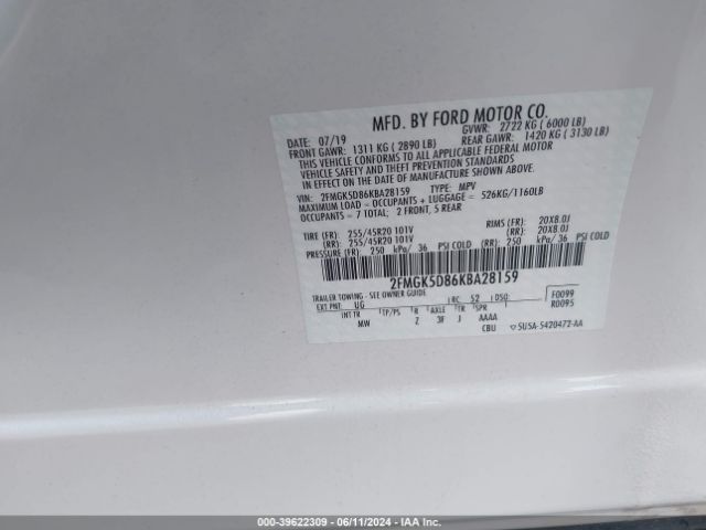 Photo 8 VIN: 2FMGK5D86KBA28159 - FORD FLEX 