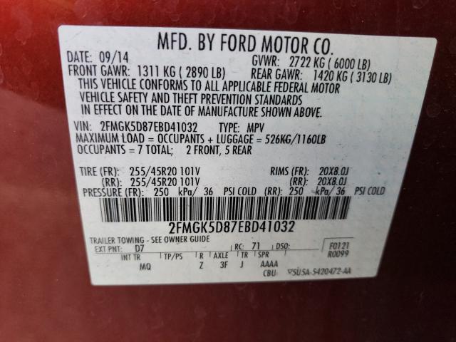 Photo 9 VIN: 2FMGK5D87EBD41032 - FORD FLEX LIMIT 