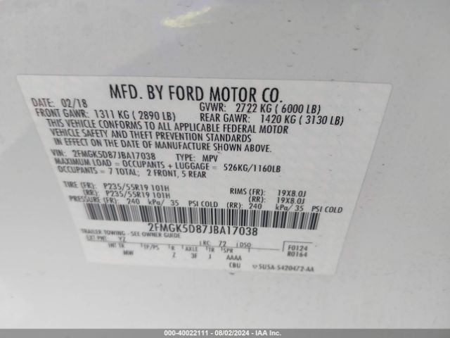 Photo 8 VIN: 2FMGK5D87JBA17038 - FORD FLEX 