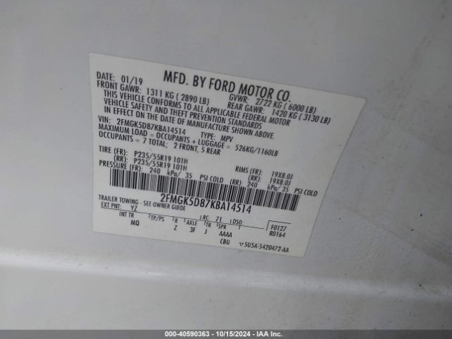 Photo 8 VIN: 2FMGK5D87KBA14514 - FORD FLEX 