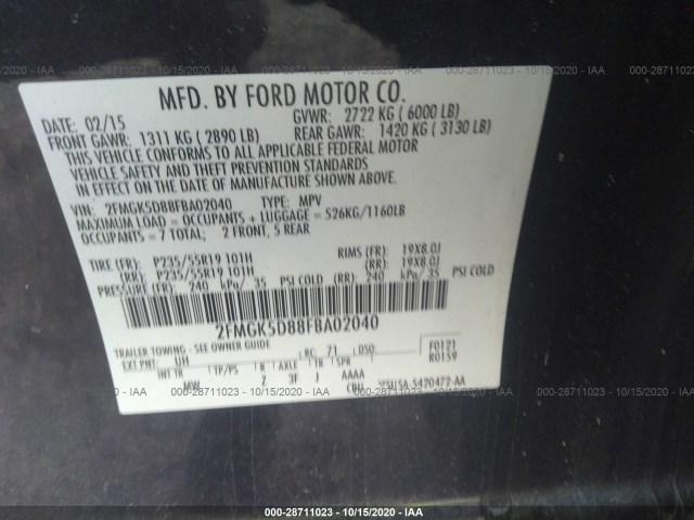 Photo 8 VIN: 2FMGK5D88FBA02040 - FORD FLEX 