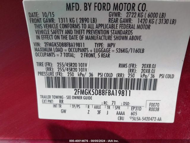 Photo 8 VIN: 2FMGK5D88FBA19811 - FORD FLEX 