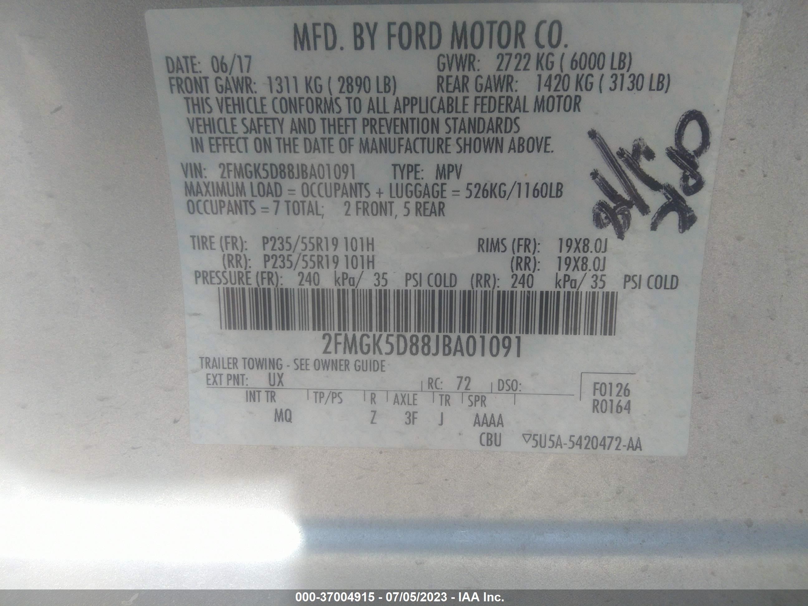 Photo 8 VIN: 2FMGK5D88JBA01091 - FORD FLEX 