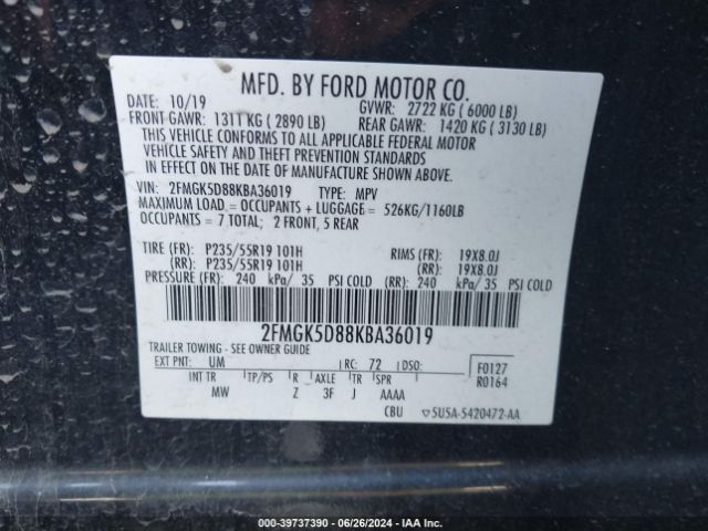 Photo 8 VIN: 2FMGK5D88KBA36019 - FORD FLEX 