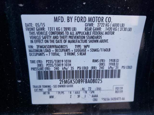 Photo 9 VIN: 2FMGK5D89FBA08025 - FORD FLEX 